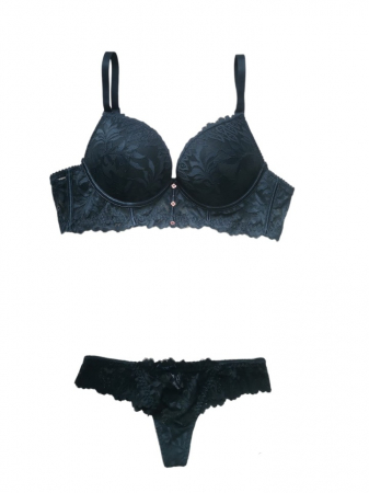 Lenjerie intima - Set sutien si chilot , verde din dantela, sutien dublu push-up, chilot brazilian