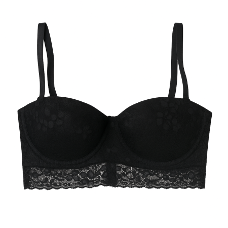 Lenjerie intima - Sutien balconet tip bustiera cu push-up si dantela, negru