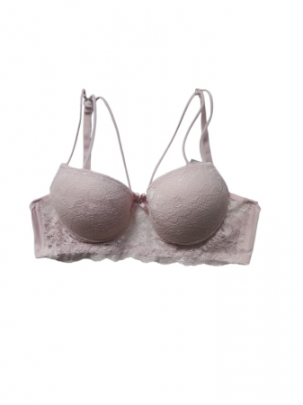 Sutien cu dublu push-up din dantela cu benzi decorative in fata, roz deschis [0]