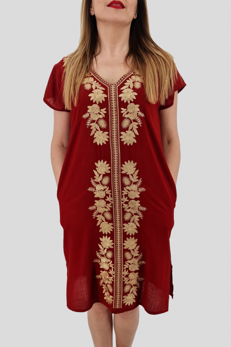 Rochie bordo cu broderie aurie - Flori [3]
