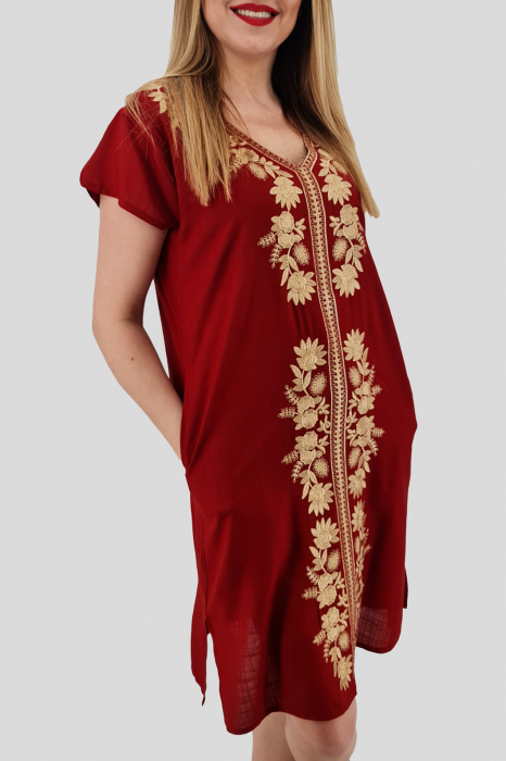 Rochie bordo cu broderie aurie - Flori [2]