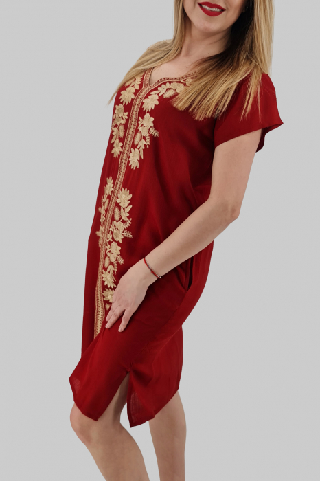 Rochie bordo cu broderie aurie - Flori [4]
