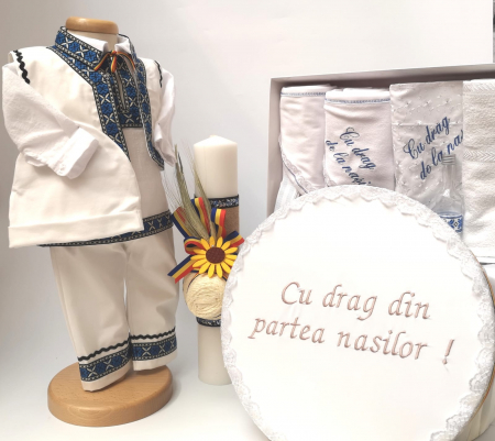 Set Traditional Botez - Set Traditional Botez - Costumas baietel/Trusou/Cutie pentru trusou/Lumanare Albastru