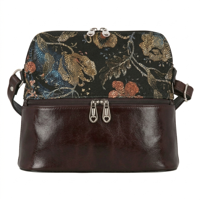 Geanta dama din piele naturala, model 239, de umar si crossbody, Maro cu flori [2]