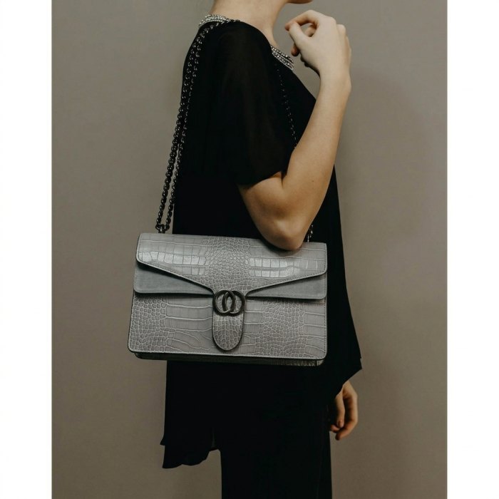 Geanta dama din piele naturala, model Roxy, Gri deschis [4]