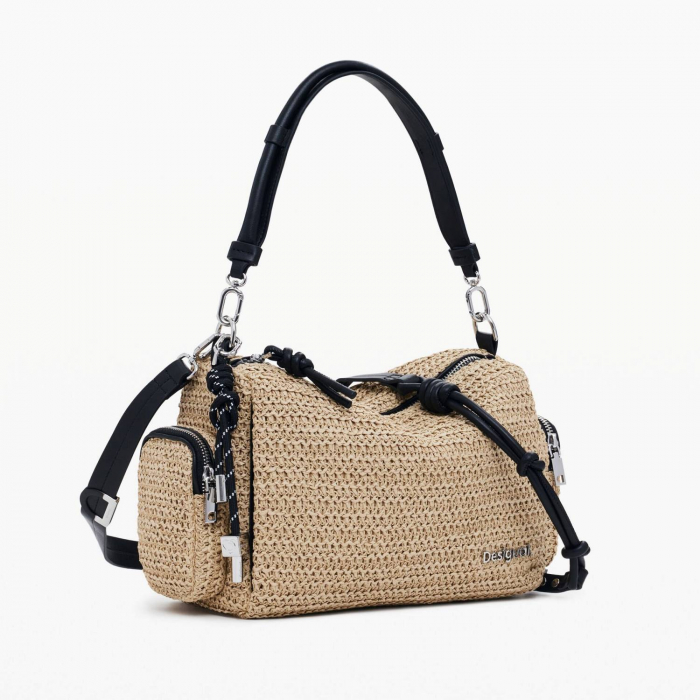 Geanta de dama, de mana si umar, Desigual, seria Half Logo Raffia, Bej [2]