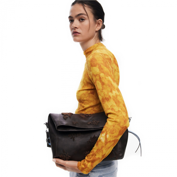 Geanta de dama, de mana si umar, Desigual, seria Stencil Flower Loverty, Maro ciocolata [1]