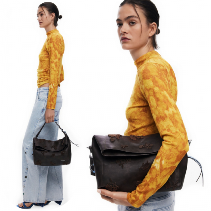 Geanta de dama, de mana si umar, Desigual, seria Stencil Flower Loverty, Maro ciocolata [2]