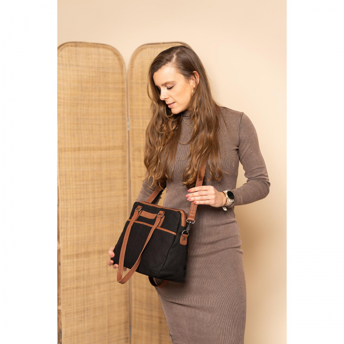 Geanta de dama din piele naturala si textil, The Chesterfield Brand, Maleny, Negru [2]