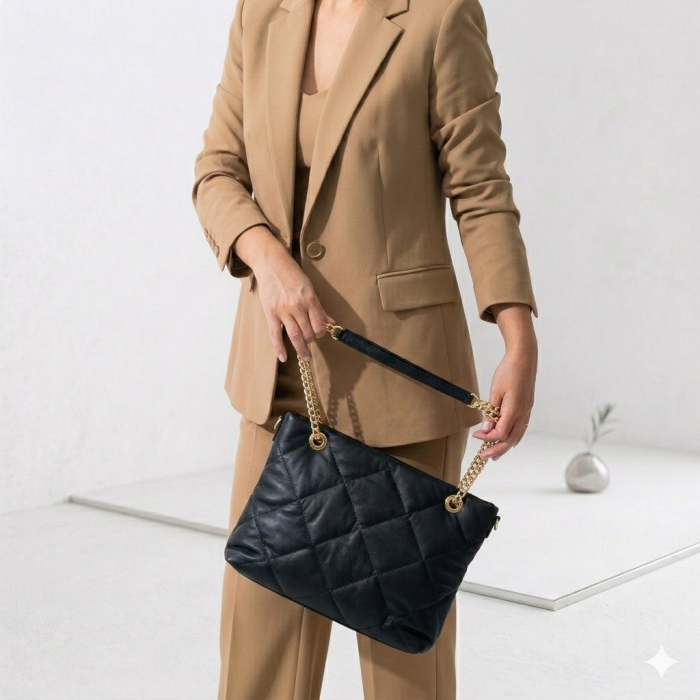 Geanta de umar, piele naturala model matlasat, Negru [2]