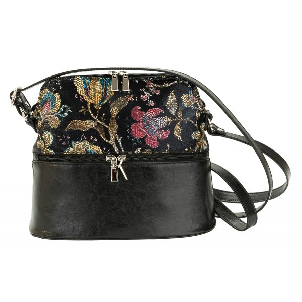 Geanta dama din piele naturala, model 239, de umar si crossbody, Negru cu flori [5]