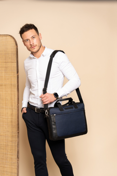 Geanta pentru laptop de 15 inch, din piele naturala si nylon, The Chesterfield Brand, Narvik, Bleumarin [2]