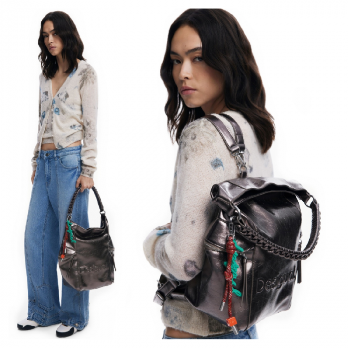 Geanta si rucsac, 2 in 1, de dama, de mana si umar, Desigual, seria Half Logo Arica, Gri metalizat [2]