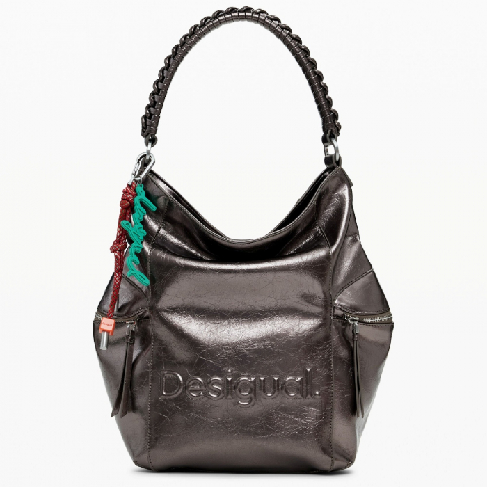 Geanta si rucsac, 2 in 1, de dama, de mana si umar, Desigual, seria Half Logo Arica, Gri metalizat [6]