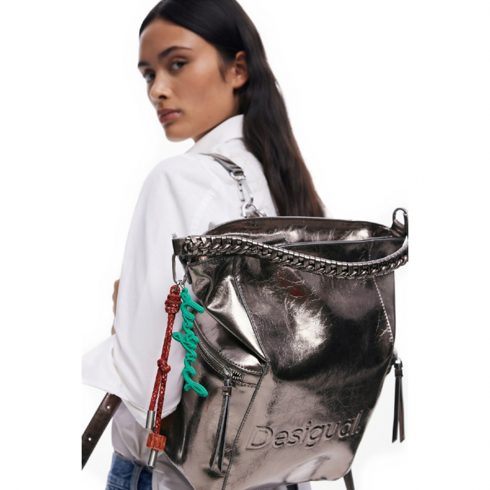 Geanta si rucsac, 2 in 1, de dama, de mana si umar, Desigual, seria Half Logo Arica, Gri metalizat [3]