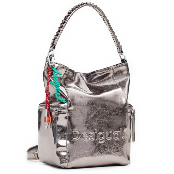 Geanta si rucsac, 2 in 1, de dama, de mana si umar, Desigual, seria Half Logo Arica, Gri metalizat [8]