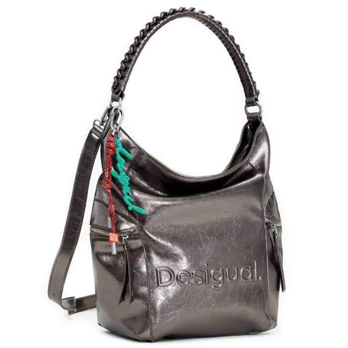 Geanta si rucsac, 2 in 1, de dama, de mana si umar, Desigual, seria Half Logo Arica, Gri metalizat [5]