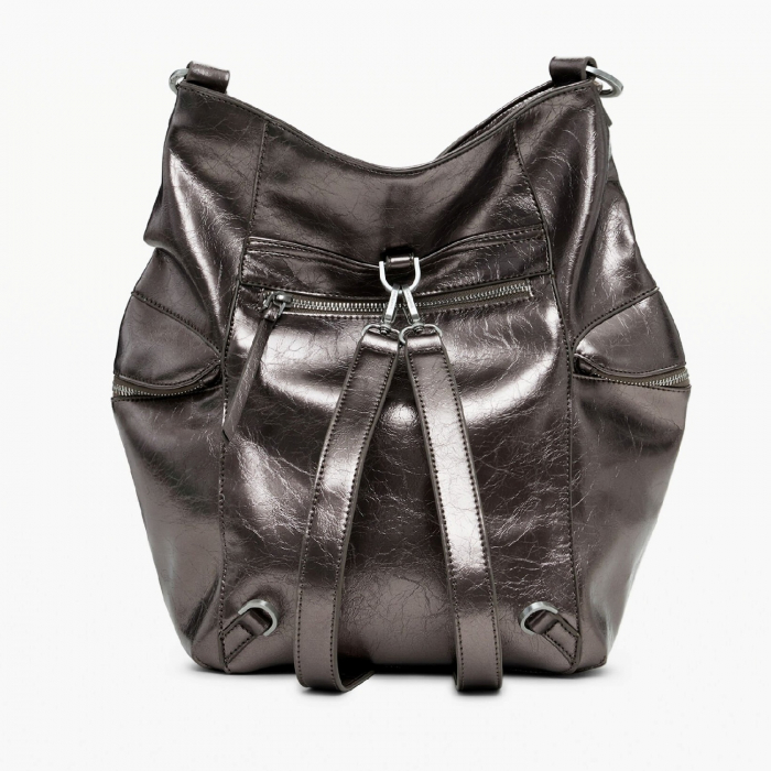 Geanta si rucsac, 2 in 1, de dama, de mana si umar, Desigual, seria Half Logo Arica, Gri metalizat [11]