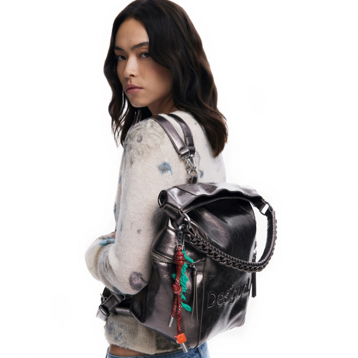 Geanta si rucsac, 2 in 1, de dama, de mana si umar, Desigual, seria Half Logo Arica, Gri metalizat [1]