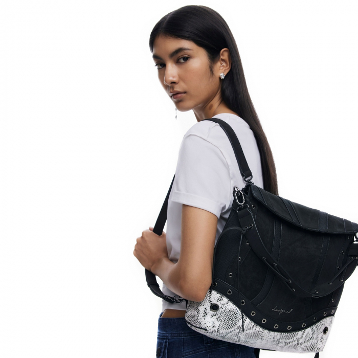 Geanta si rucsac, 2 in 1, de dama, de mana si umar, Desigual, seria Snake Patch Jersey, Negru [1]