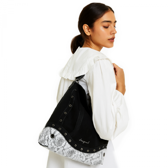 Geanta si rucsac, 2 in 1, de dama, de mana si umar, Desigual, seria Snake Patch Jersey, Negru [3]
