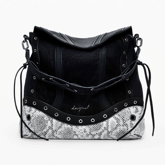 Geanta si rucsac, 2 in 1, de dama, de mana si umar, Desigual, seria Snake Patch Jersey, Negru [8]