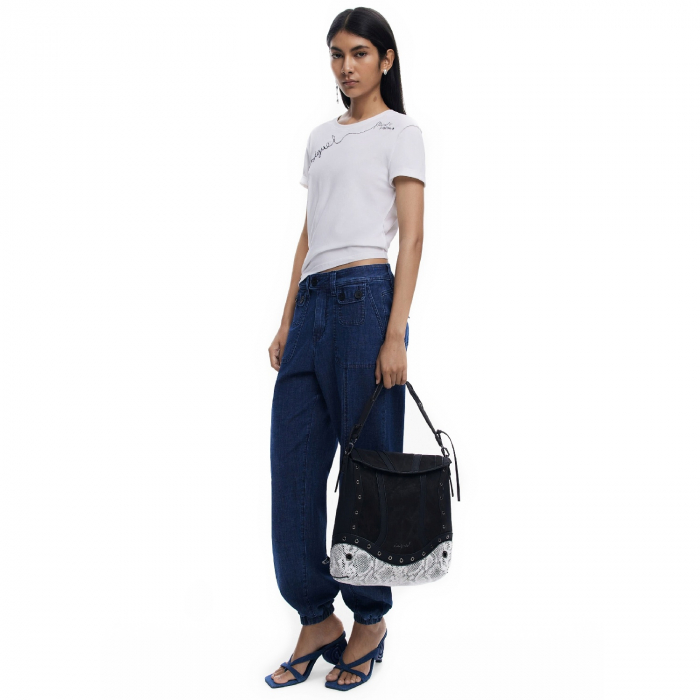Geanta si rucsac, 2 in 1, de dama, de mana si umar, Desigual, seria Snake Patch Jersey, Negru [4]