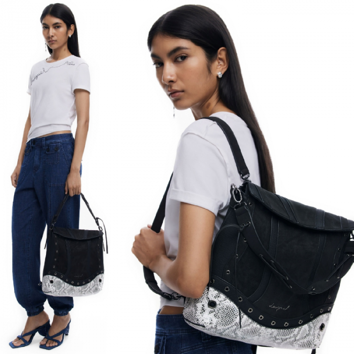 Geanta si rucsac, 2 in 1, de dama, de mana si umar, Desigual, seria Snake Patch Jersey, Negru [2]