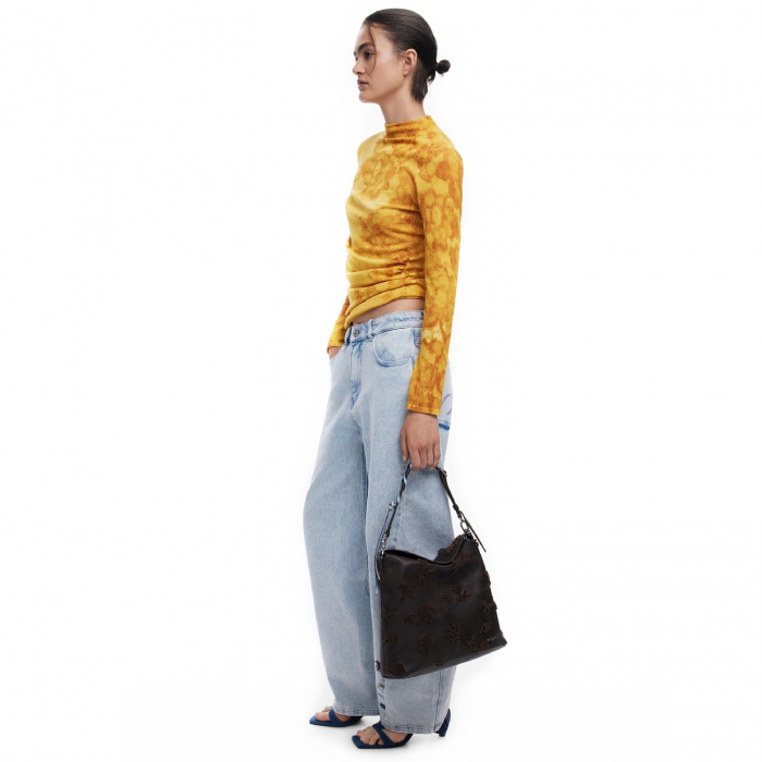 Geanta si rucsac, 2 in 1, de dama, de mana si umar, Desigual, seria Stencil Flocado Jersey, Maro ciocolata [3]