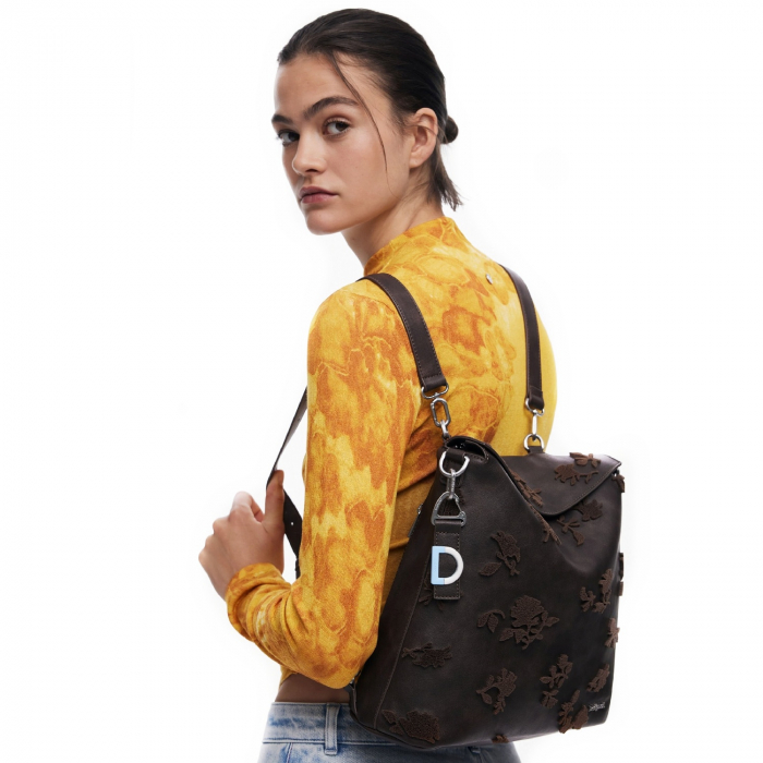 Geanta si rucsac, 2 in 1, de dama, de mana si umar, Desigual, seria Stencil Flocado Jersey, Maro ciocolata [1]