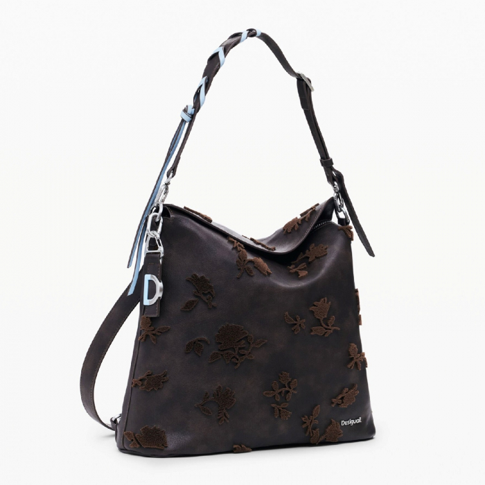 Geanta si rucsac, 2 in 1, de dama, de mana si umar, Desigual, seria Stencil Flocado Jersey, Maro ciocolata [4]