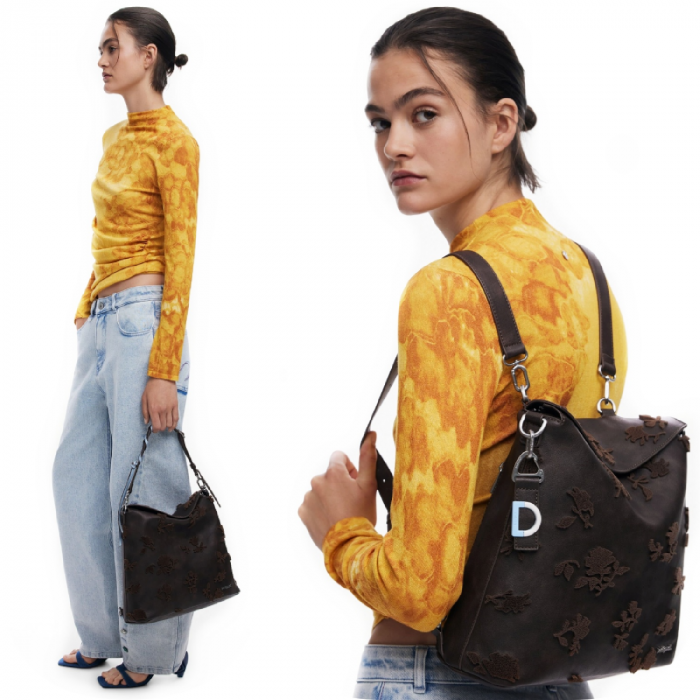Geanta si rucsac, 2 in 1, de dama, de mana si umar, Desigual, seria Stencil Flocado Jersey, Maro ciocolata [2]