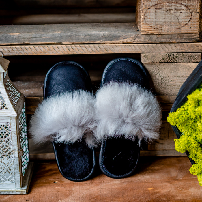 Papuci de casa din blana naturala de miel, confortabila, model de dama, Negru cu gri [2]