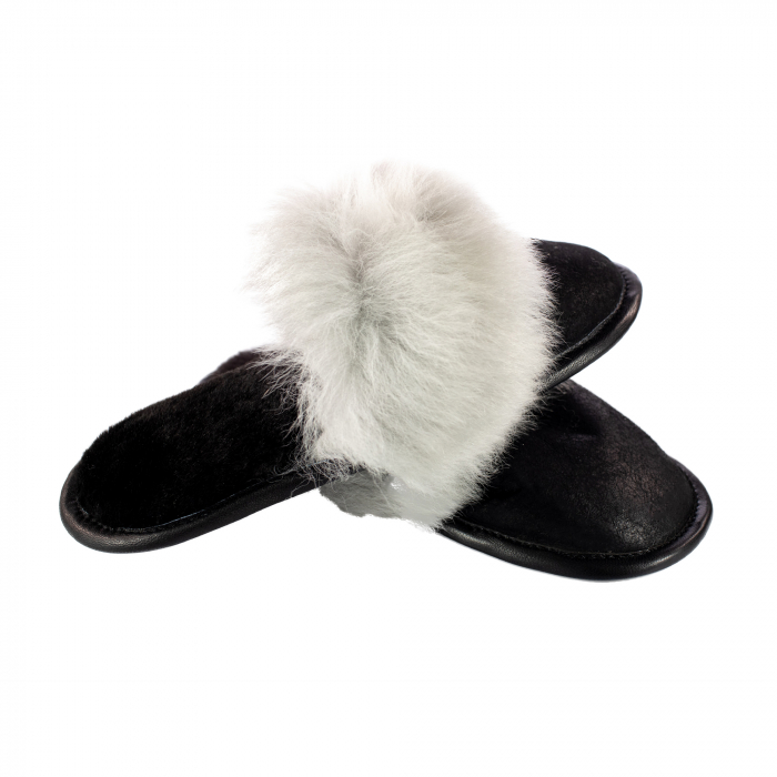 Papuci de casa din blana naturala de miel, confortabila, model de dama, Negru cu gri [4]