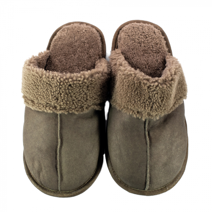 Papuci de casa din blana naturala de miel, confortabila, model pentru barbati, Kaki [3]