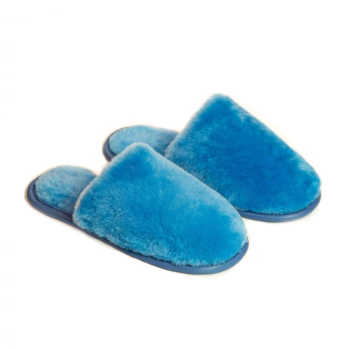 Papuci de casa din blana naturala de miel, confortabila, model unisex, Albastru [1]