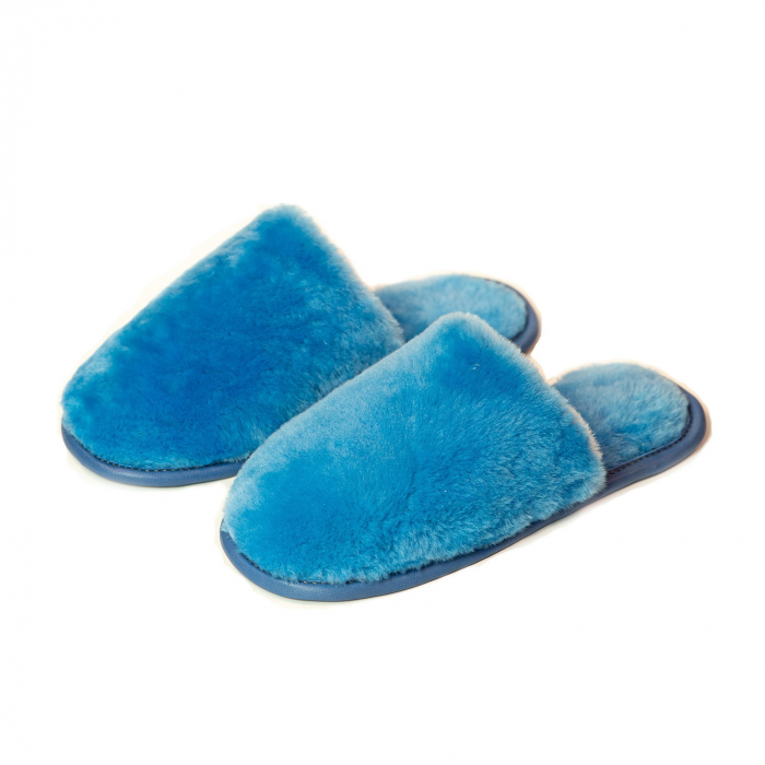 Papuci de casa din blana naturala de miel, confortabila, model unisex, Albastru [3]