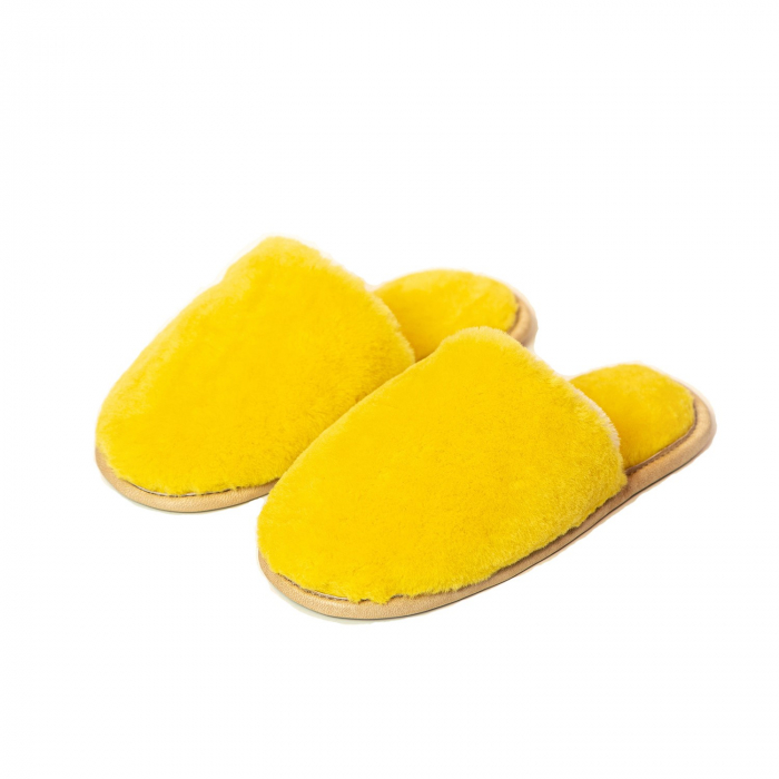 Papuci de casa din blana naturala de miel, confortabila, model unisex, Galben [3]