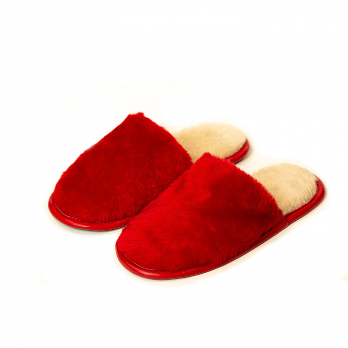 Papuci de casa din blana naturala de miel, confortabila, model unisex, Rosu si bej [3]