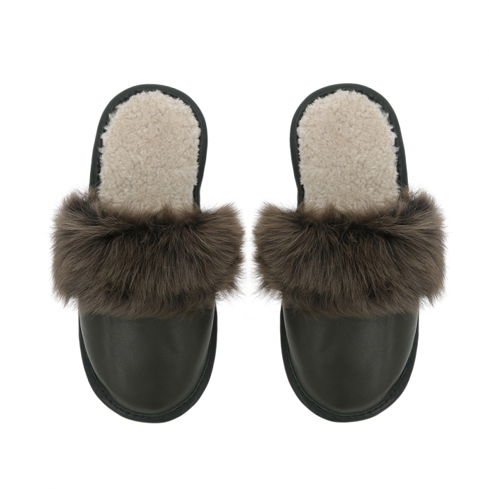 Papuci de casa din blana pufoasa naturala de miel si talpa moale, Verde kaki [2]