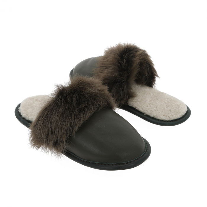 Papuci de casa din blana pufoasa naturala de miel si talpa moale, Verde kaki [4]