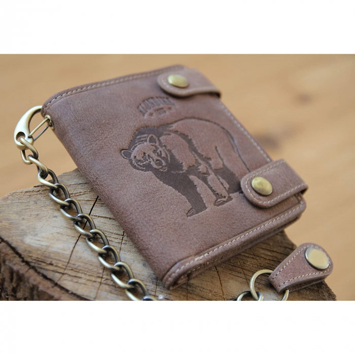 Portofel cu lant pentru motociclisti, Klondike, seria Tim Bear, din piele naturala, Maro vintage [6]