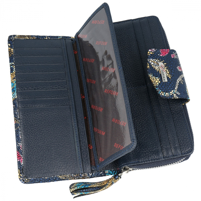 Portofel din piele cu fermoar si clapa bleumarin cu imprimeu floral, model 731 [5]