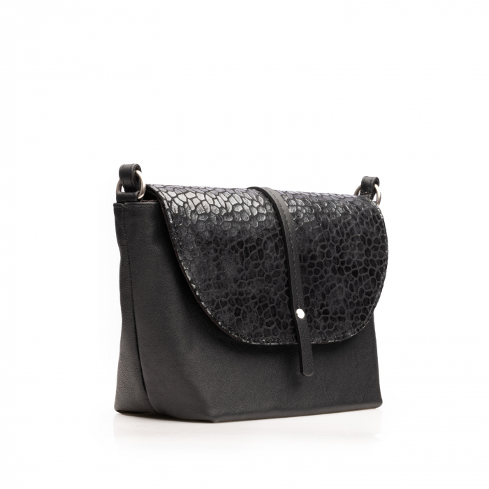 Poseta de umar crossbody, din piele naturala cu model, Negru [2]