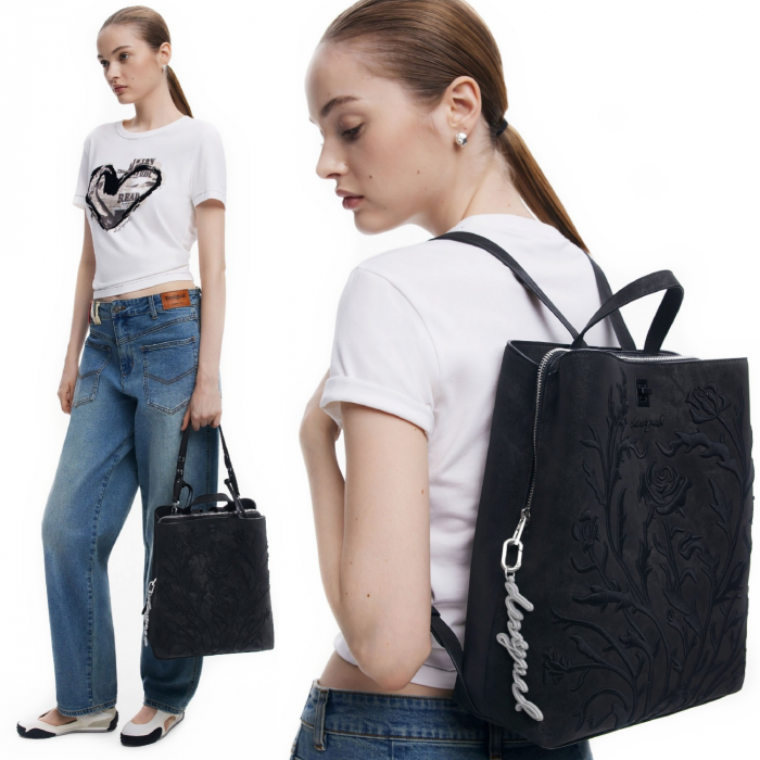 Rucsac de dama, Desigual, seria Romeo Floral Total, Negru [3]