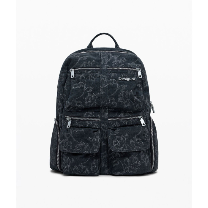 Rucsac mare de dama din denim brodat, Desigual, seria Whisky Chester, Negru [2]
