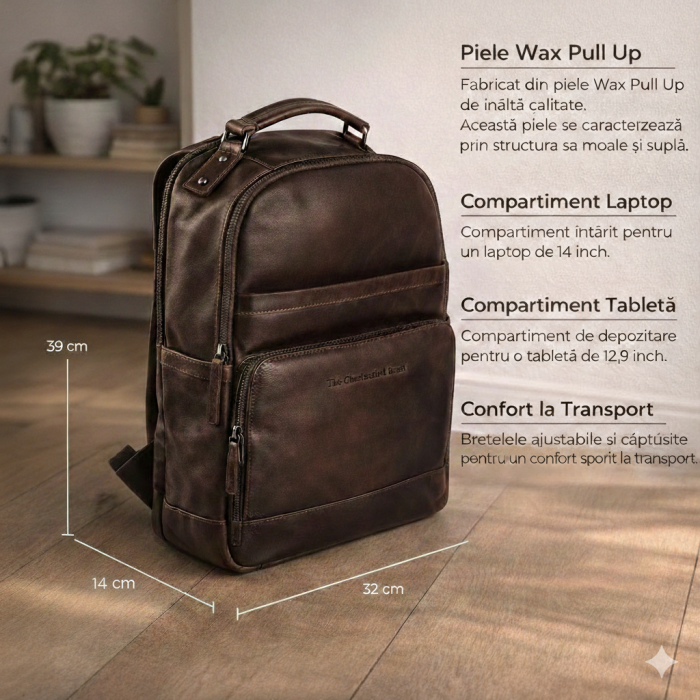 Rucsac pentru laptop de 14 inch si tableta, The Chesterfield Brand, din piele naturala, Austin, Maro inchis [4]
