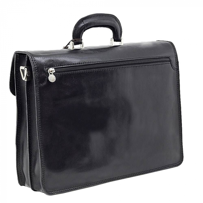 Servieta cu 2 compartimente din piele vachetta, model 4001, Negru [2]