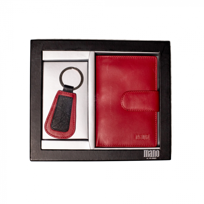 Set cadou din piele naturala, cu portofel si breloc pentru chei, de dama, model MSU4, Rosu [2]