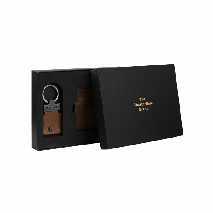 Set cadou pentru barbati cu port card si breloc pentru chei, The Chesterfield Brand, Maro coniac [2]
